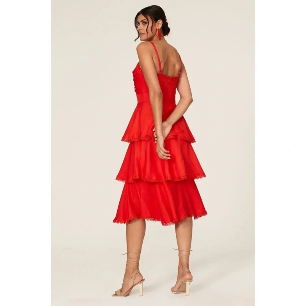 Marchesa Notte Tiered Lace Trim Midi Dress Size 0 Red Glam Holiday Event Wedding